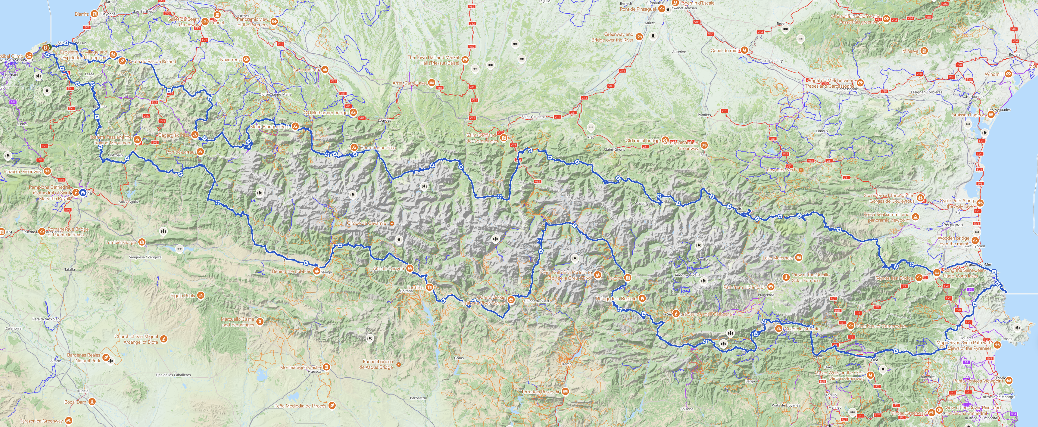 Map of the route across the Pyrenees